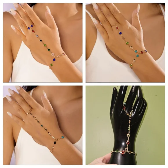 Heart Hand Chain Multicolor Heart Shaped Zircon Hand Chain Bracelet - Picture 7 of 10